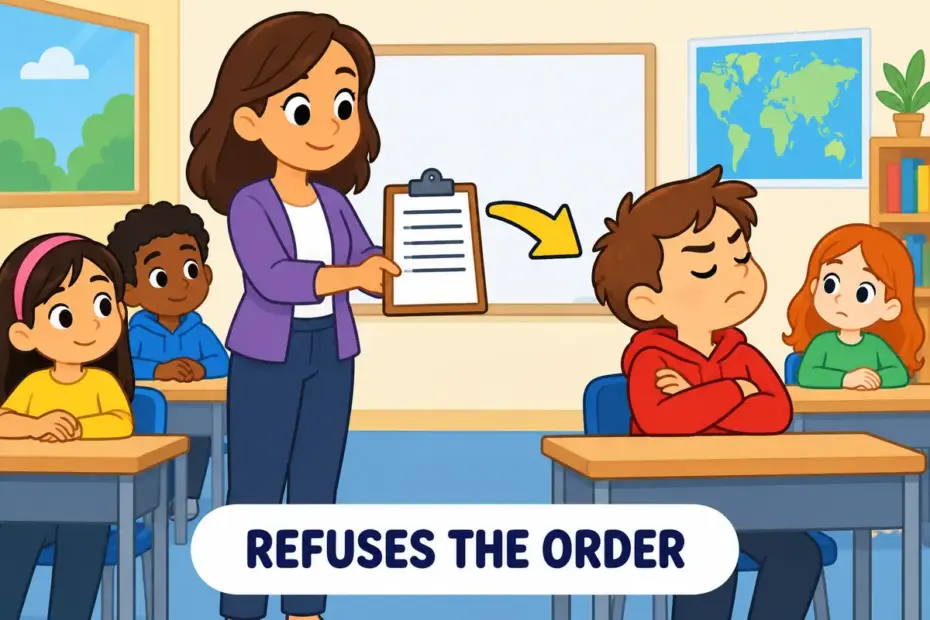 A cartoon pupil sits with folded arms, ignoring a teacher, showing contumacious in a sentence as open defiance.
