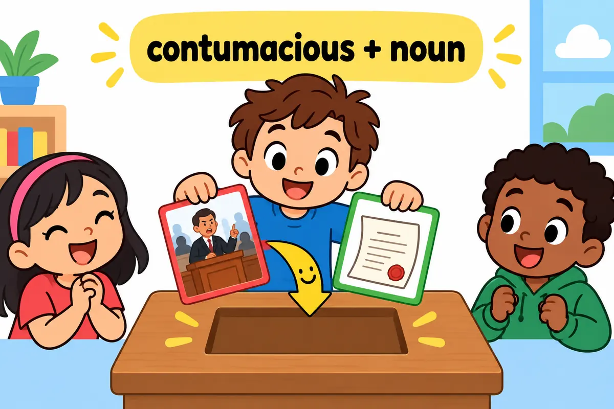 Two cartoon cards show a witness and a memo, with the word contumacious slotting in front of each as a describing word.