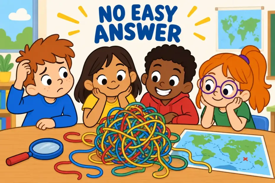 Cartoon pupils gather around a tangled ball of string on a table, showing conundrum in a sentence as a puzzle with no quick fix.