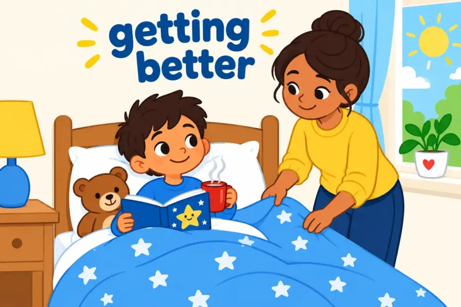A cartoon child rests in bed with a book and warm drink, showing convalesce in a sentence as slow recovery after illness.