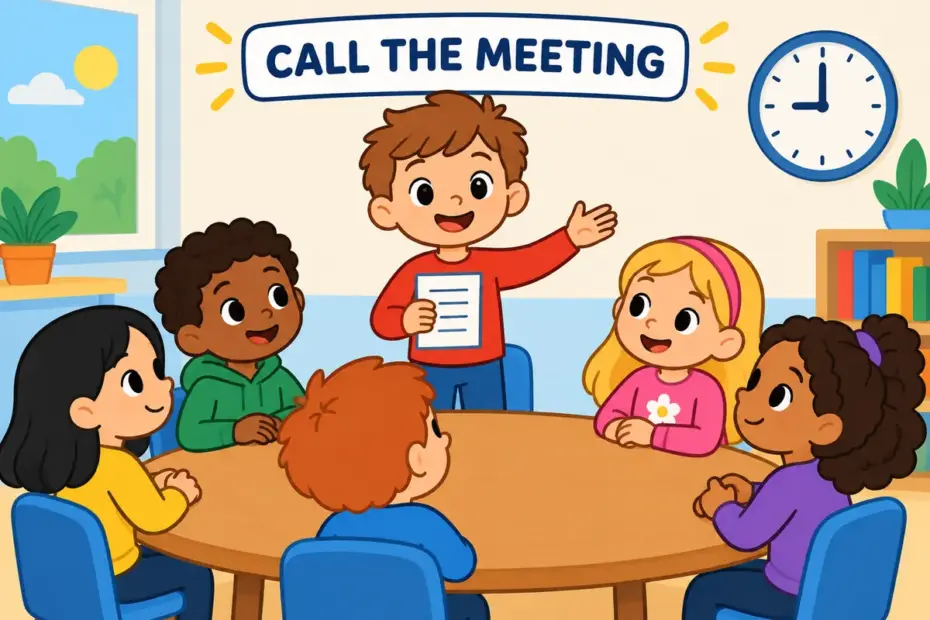 Cartoon children gather around a table as one raises an agenda, showing convene in a sentence as calling a meeting.