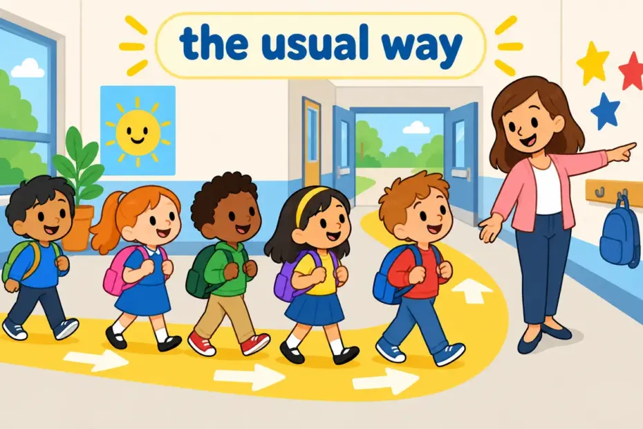 Cartoon children follow a clear painted route through school, showing conventional in a sentence as following the usual accepted way.