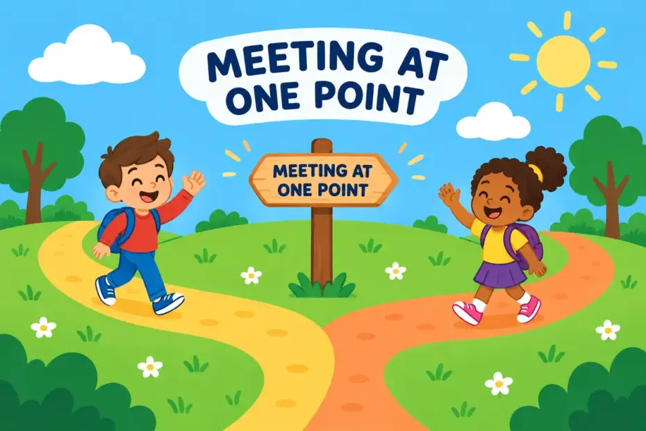 Cartoon children walk along two winding paths that meet at a signpost, showing converge in a sentence as separate routes joining.
