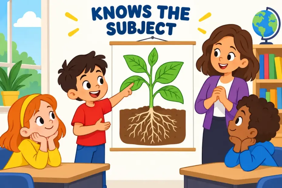 Cartoon children discuss a diagram with a teacher, showing conversant in a sentence as knowing a subject well.