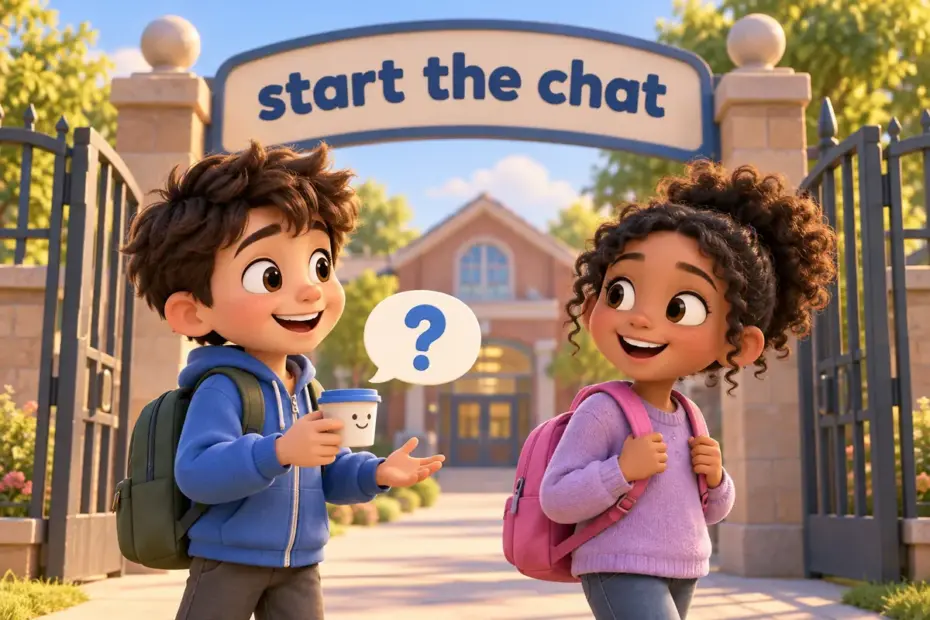 Cartoon children greet each other at a school gate with a speech bubble, showing conversation starters that begin a talk.