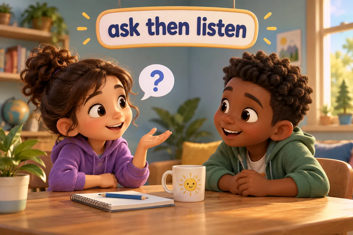 A cartoon child asks an open question while a friend leans in to answer at a table.
