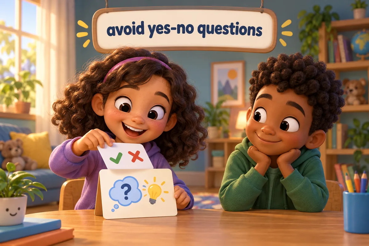 A cartoon child turns a yes-no question card into an open how or what question card.