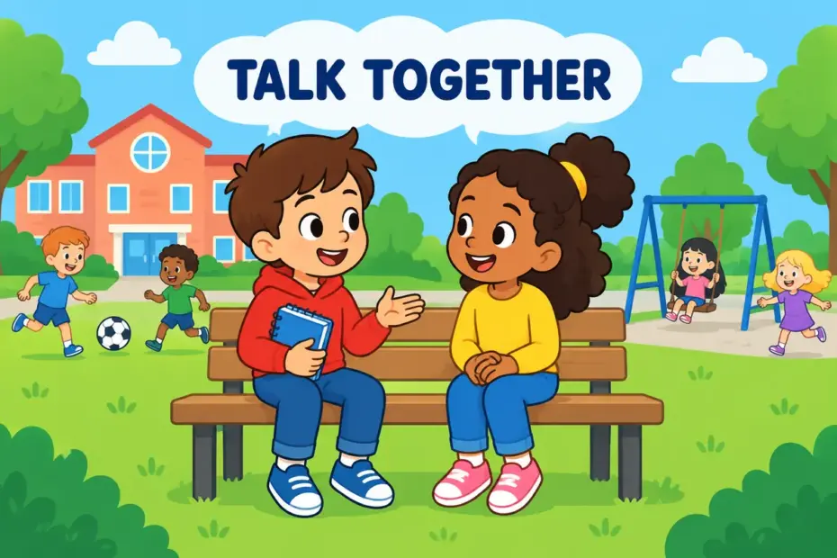 Two cartoon pupils talk quietly on a bench, illustrating converse in a sentence as talking with someone.