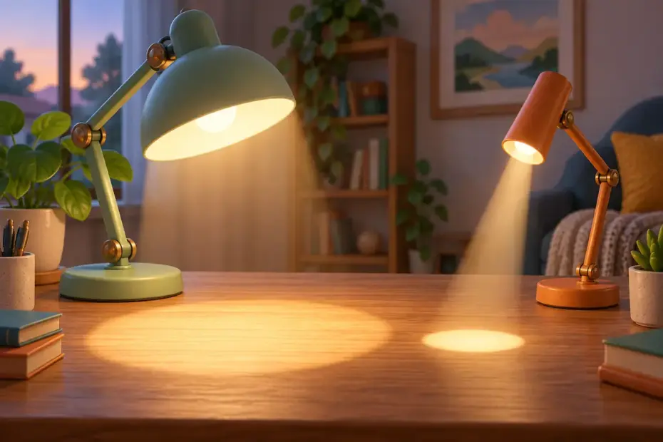 Two desk lamps illuminate wide and narrow circles on a tabletop.