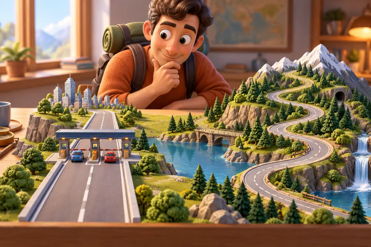A traveler compares a short toll road and a longer winding road on a model landscape.
