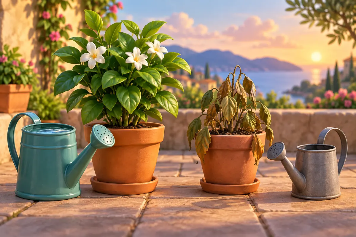 A leafy potted plant and a wilted potted plant stand beside two watering cans.