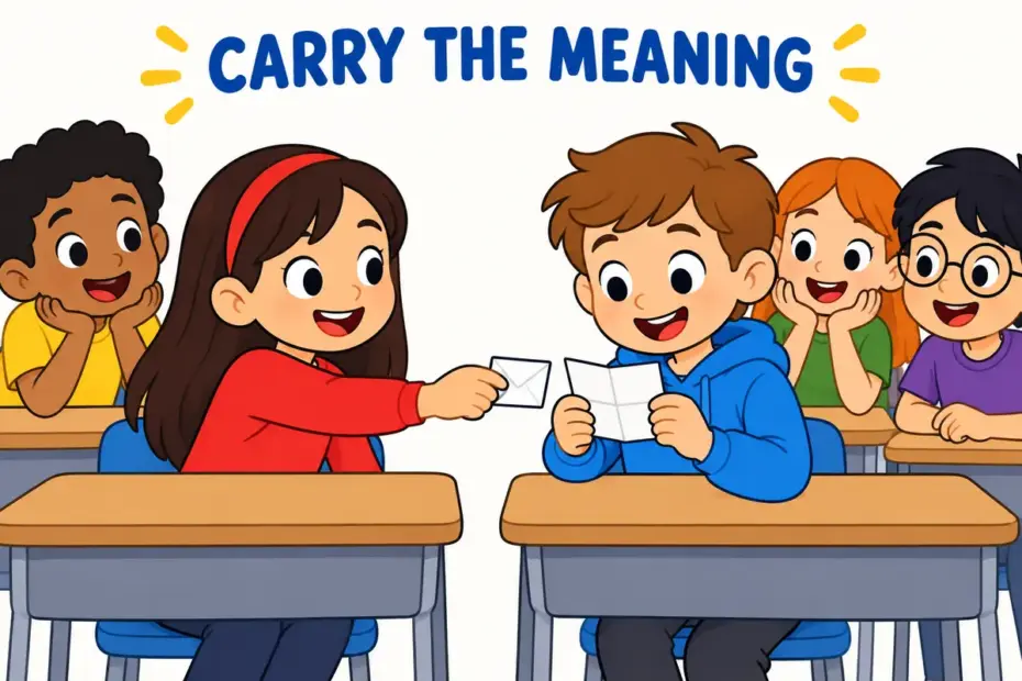 A blank note passes meaning between classmates, illustrating convey in a sentence as communicating or carrying an idea.