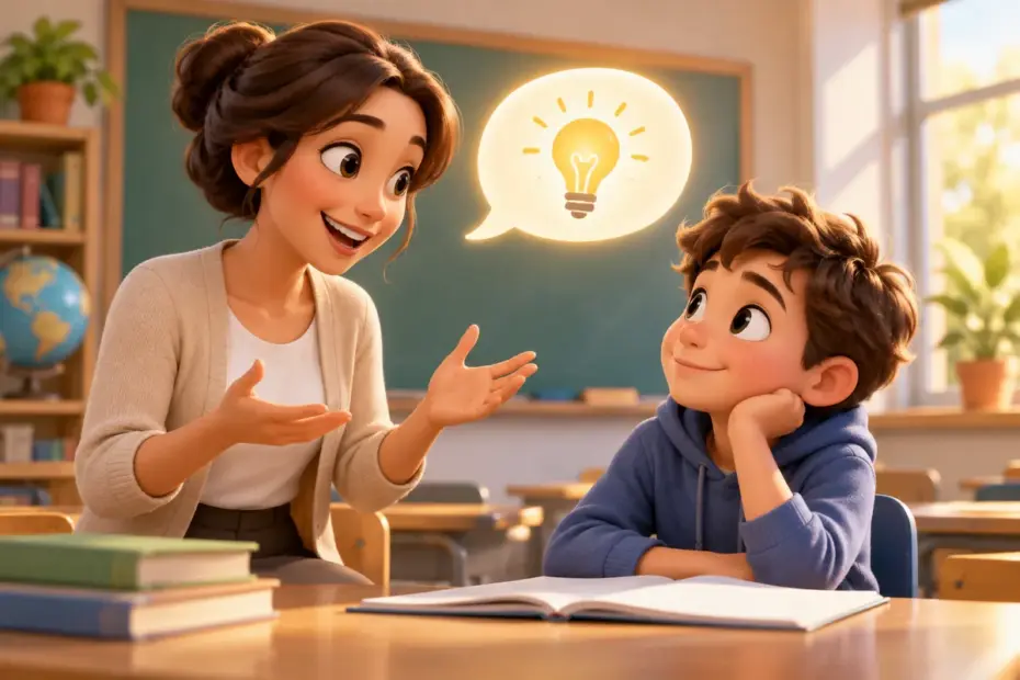 A teacher conveys an idea to a student during a classroom conversation.