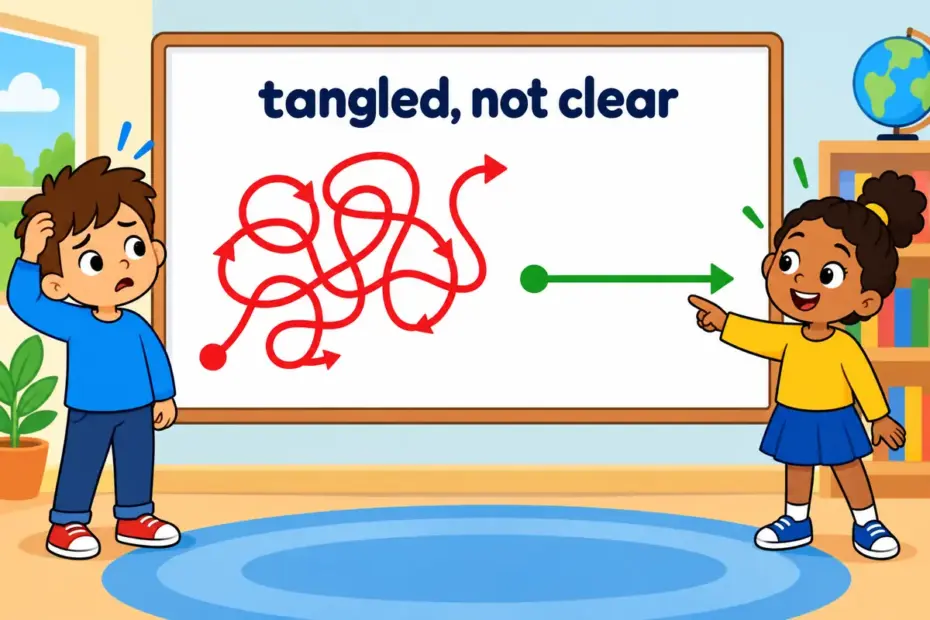 Cartoon children trace a tangled string of arrows across a board, showing convoluted in a sentence as needlessly twisted.