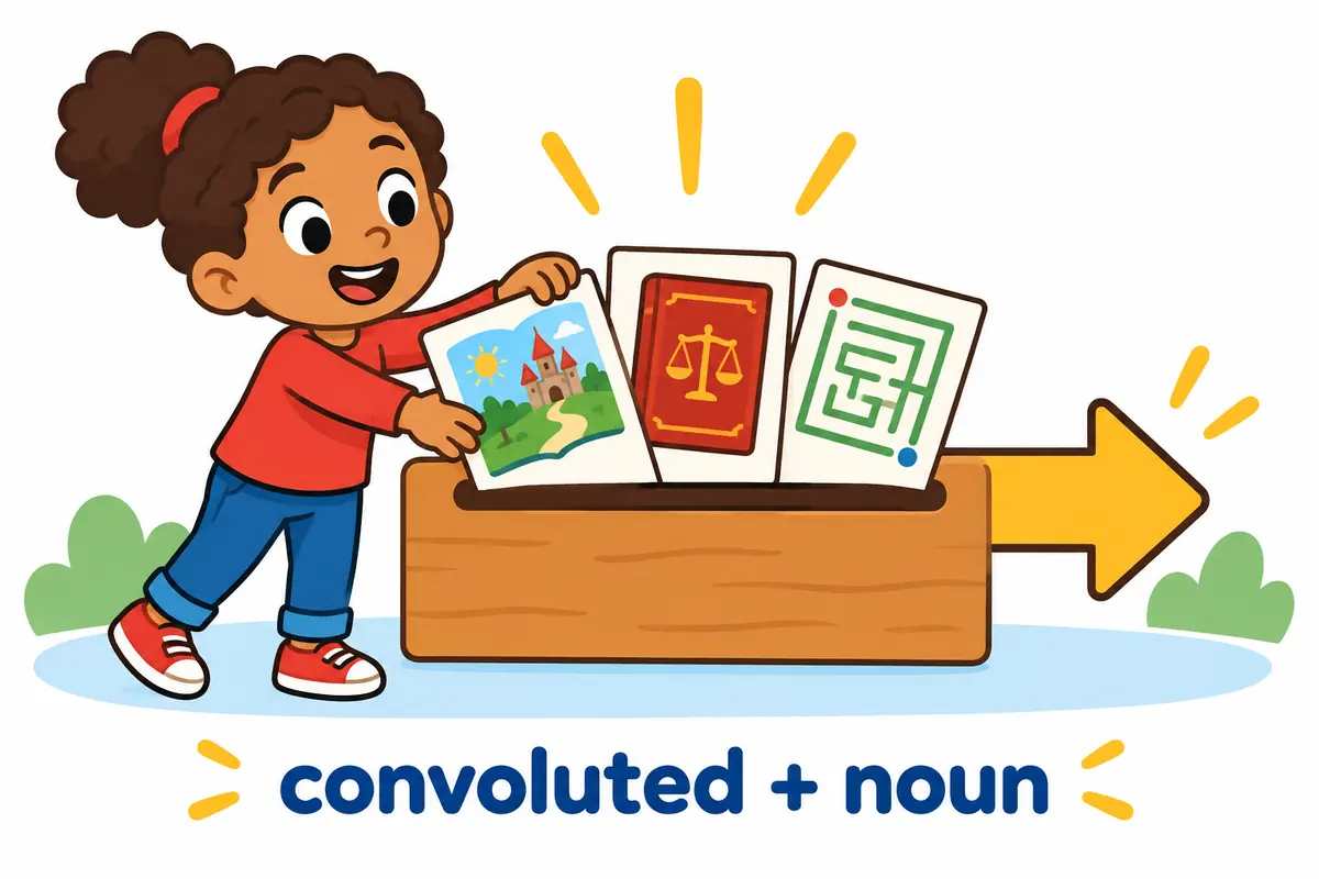 Three cartoon cards show a plot, a rulebook and a maze slotted after the adjective convoluted.