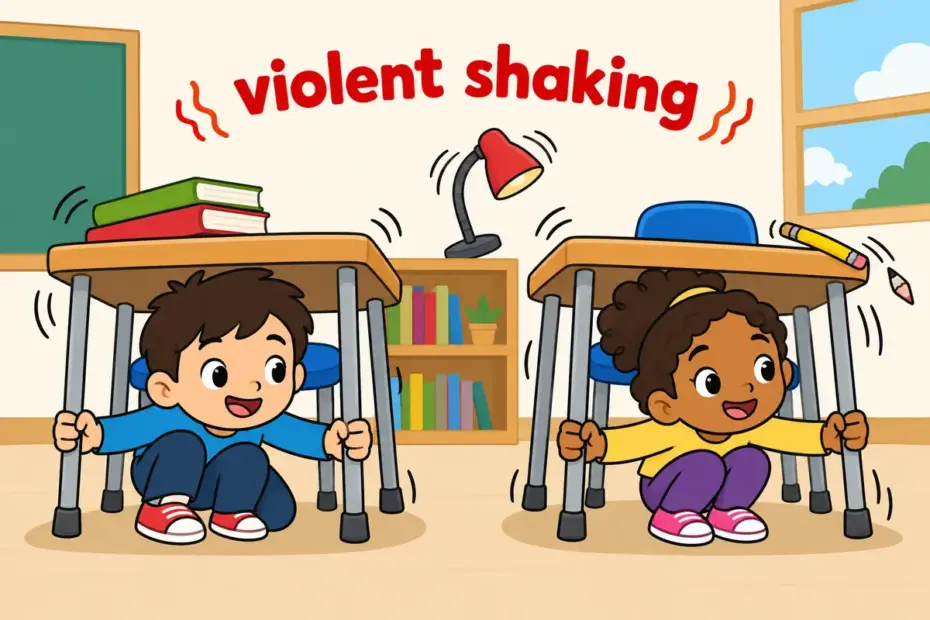 Cartoon children grip their desks as a classroom floor shakes, showing convulse in a sentence as violent shaking.