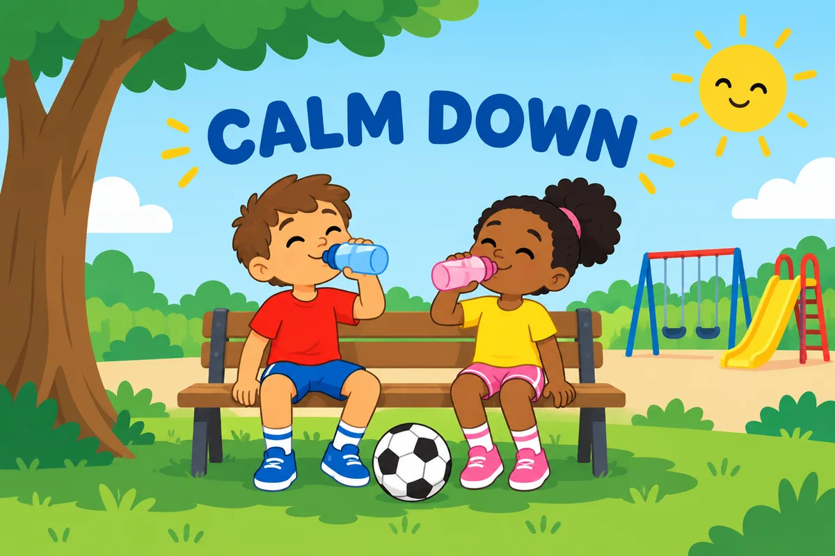 Cartoon children pause a heated game and sip water in the shade, showing cool off in a sentence as calming down.