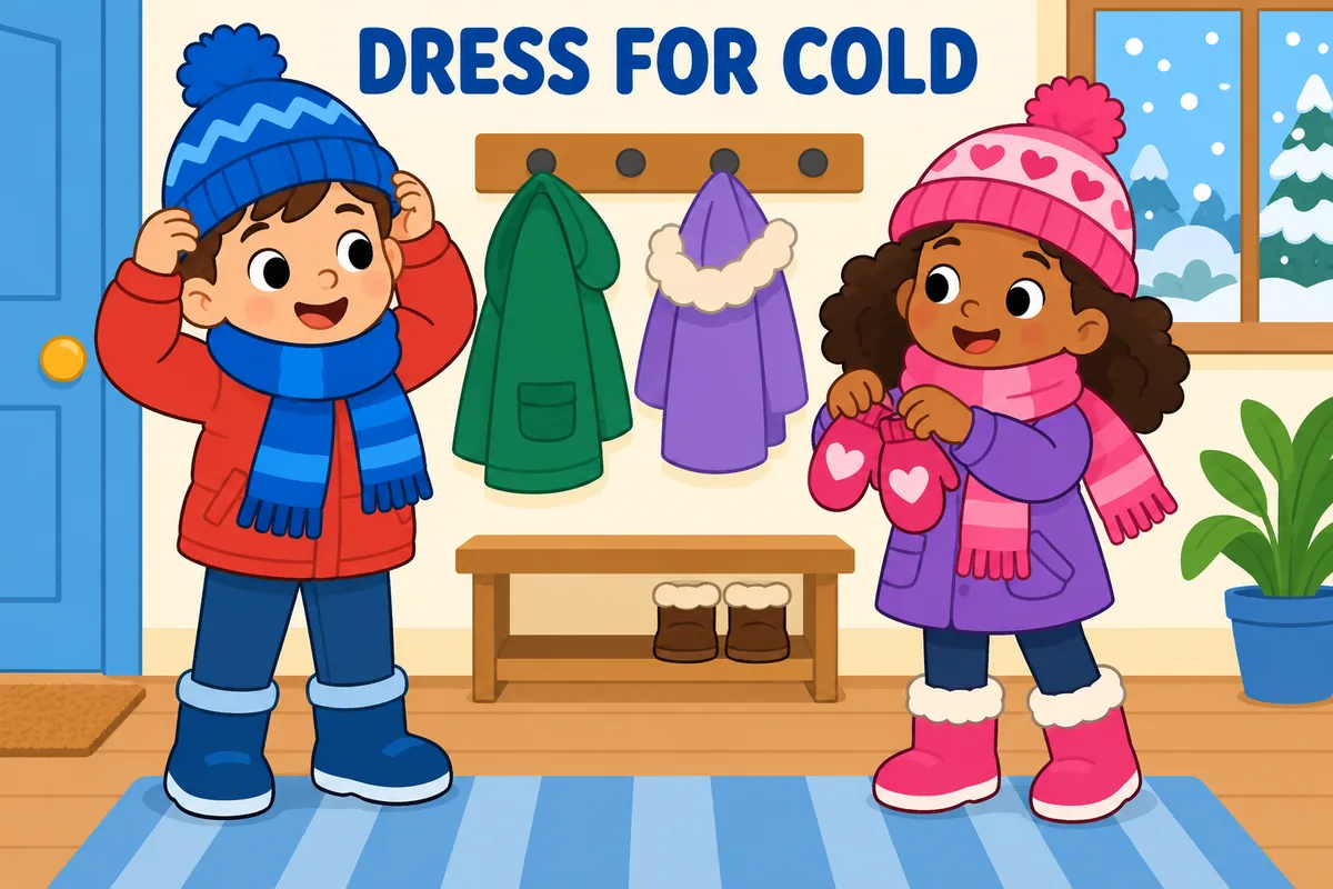 A child takes a calm breath beside an open fridge and a warm engine, contrasting cool off with cool down.