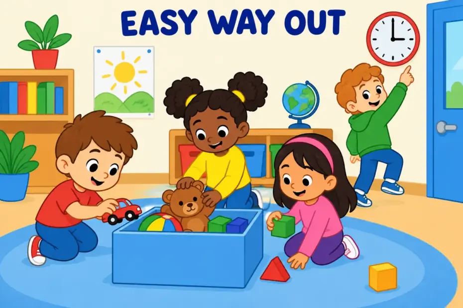Cartoon children leave a tidy-up task while one points at a clock and slips away, showing cop out in a sentence as dodging a duty.