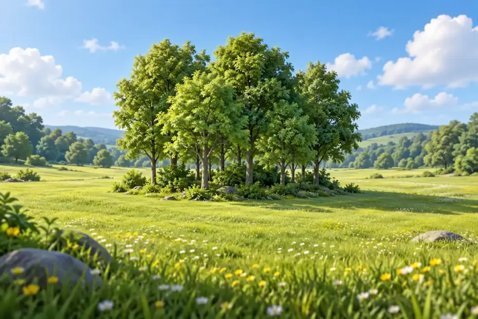 A small stand of leafy trees forms a copse at the edge of a sunny meadow.
