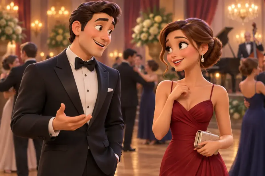 Two adults chatting at a formal dance.