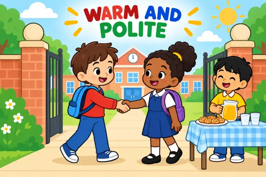 Cartoon child shakes a new classmate's hand beside a jug of fruit drink, showing cordial in a sentence as warm, polite greeting.