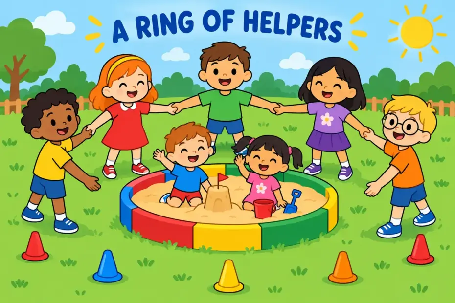 Cartoon children form a ring of linked hands around a playground sandpit, showing cordon in a sentence as a controlled boundary.