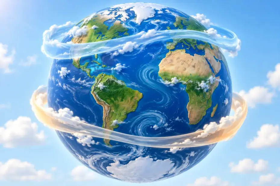 A blue 3D globe shows curved air streams crossing the Northern and Southern Hemispheres.