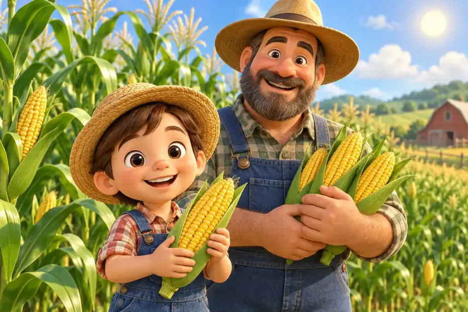 A child and farmer hold ears of corn beside tall maize plants.