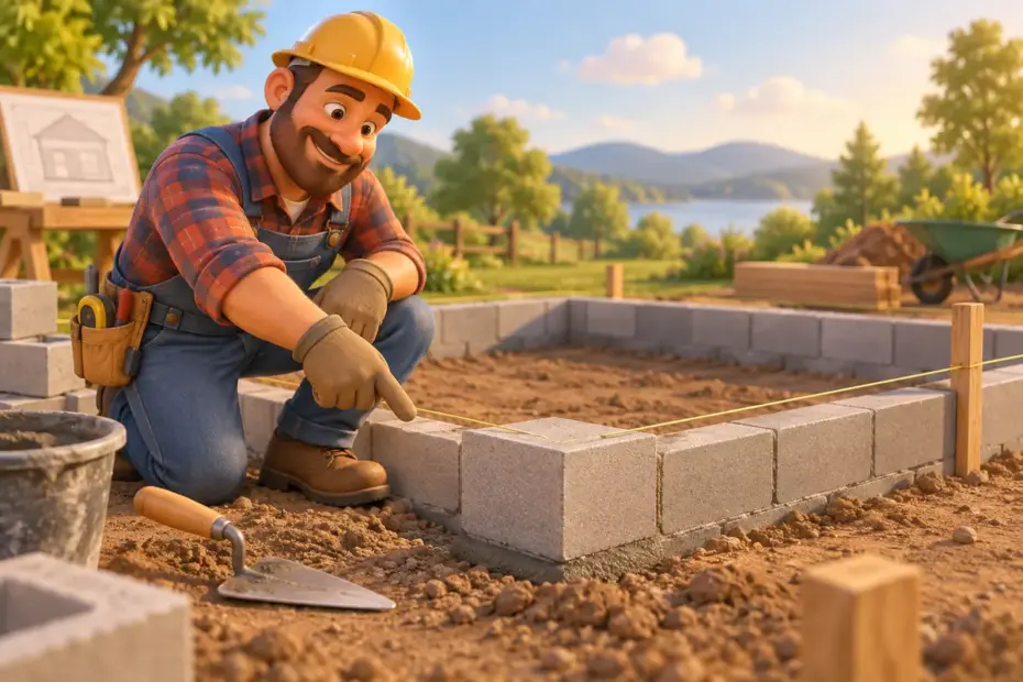 A builder points to a corner foundation block.