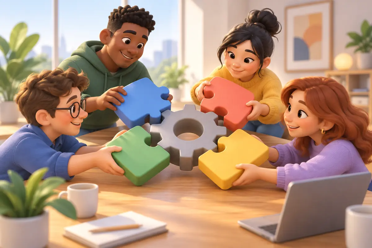 A team fits colorful puzzle pieces around a central gear-shaped component.