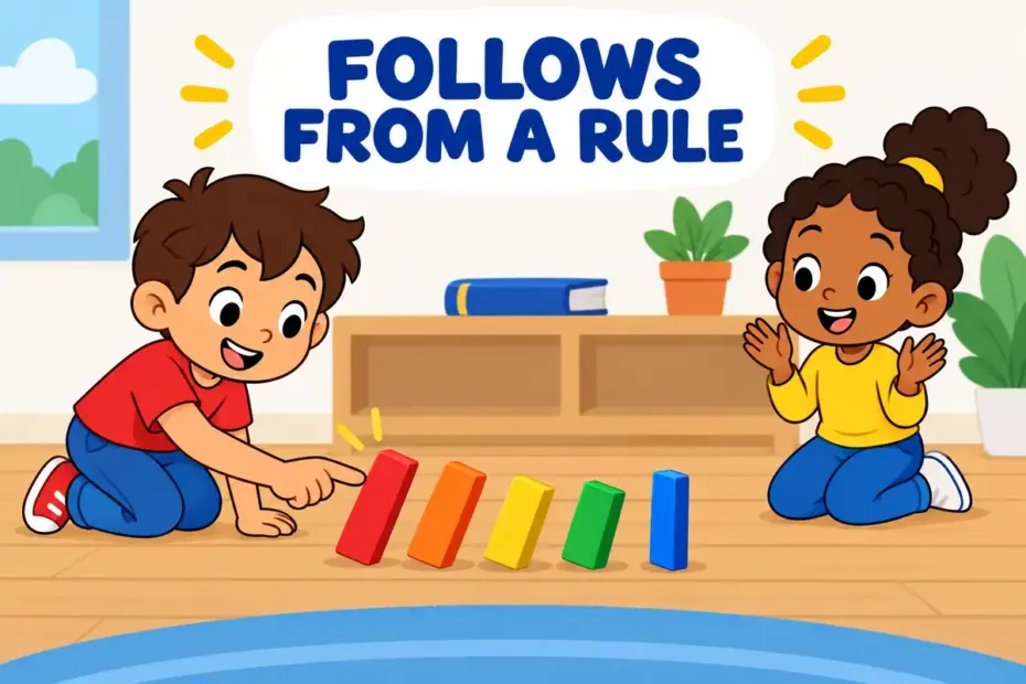 Cartoon dominoes fall in a line as one child taps the first tile, illustrating corollary in a sentence as a result that follows from a rule.