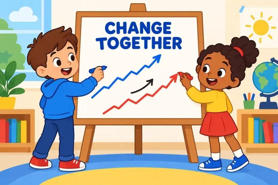 Cartoon children mark two rising lines on a chart, illustrating correlate in a sentence as two things changing together.