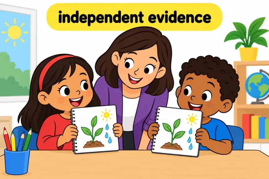 Cartoon pupils show a teacher two independently made records that support the same claim, illustrating corroborate in a sentence.