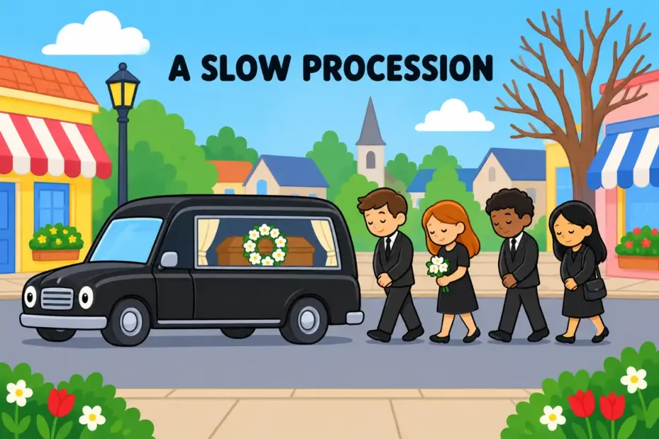 Cartoon mourners walk slowly behind a hearse on a quiet street, showing cortege in a sentence as an ordered funeral line.