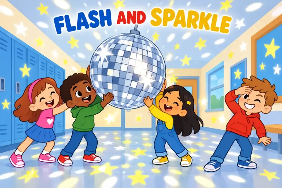 Cartoon children watch a mirror ball scatter light, showing coruscate in a sentence as flashing and sparkling across a school hall.