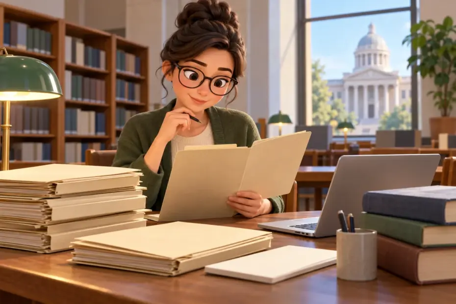 A researcher reviews historical case files in an archive beside a courthouse exterior.