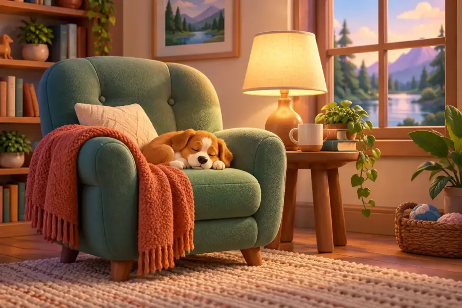 A padded reading chair stands beside a lamp and window.