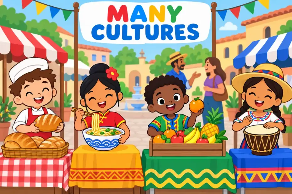 Cartoon children share food, music and flags of many countries at a market, showing cosmopolitan in a sentence.