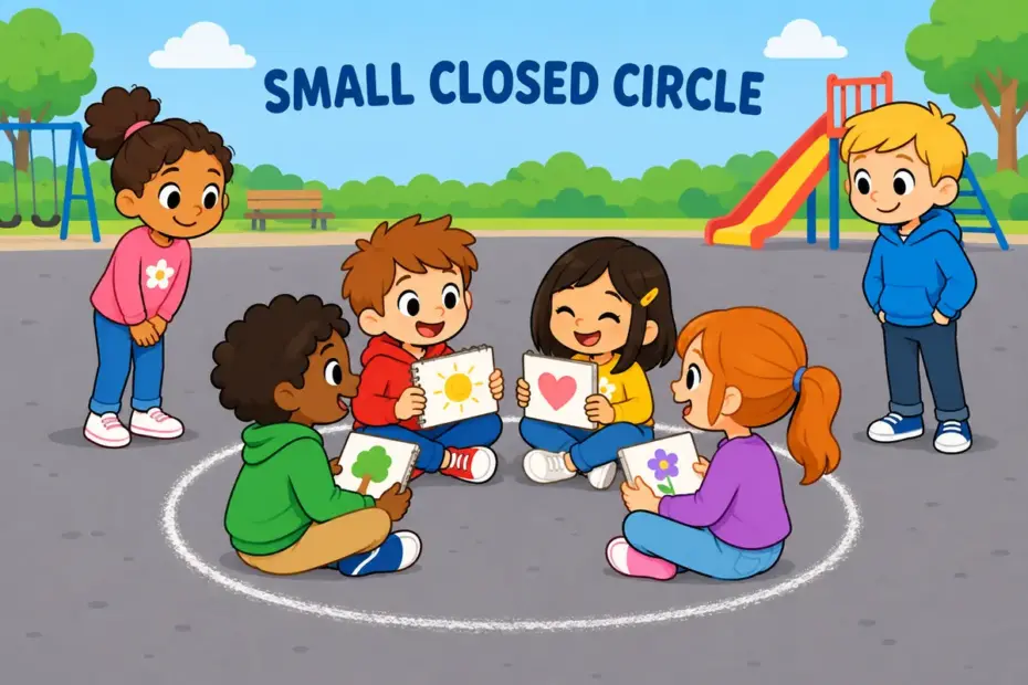Cartoon kids sit in a tight chalk ring while others stand outside, showing coterie in a sentence as a small exclusive group.