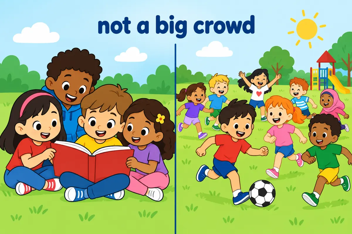 A split cartoon panel contrasts four children in a tight huddle with a large open playground game.