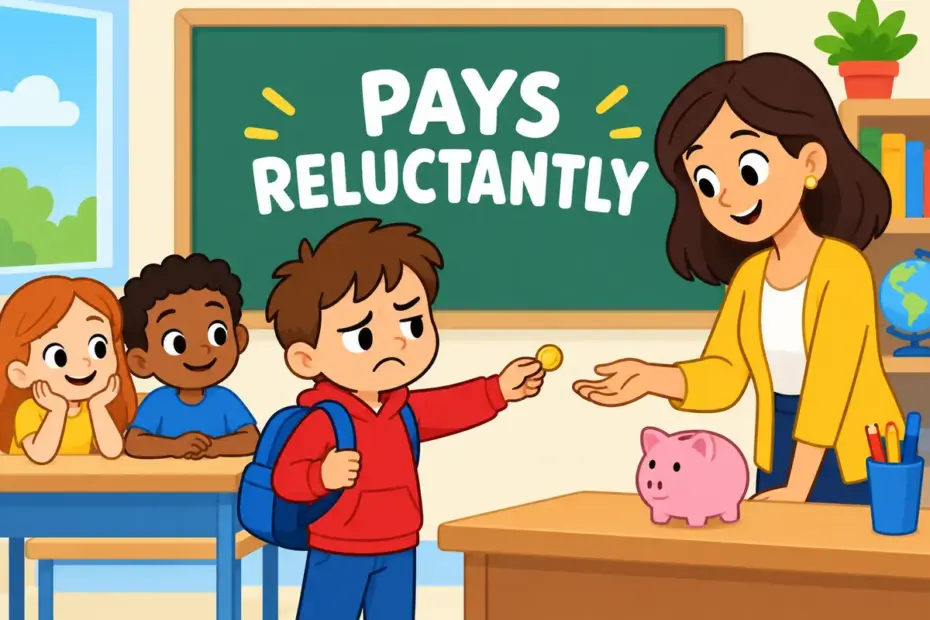 Cartoon children watch a boy hand a coin to a teacher with a frown, showing cough up in a sentence as a reluctant payment.