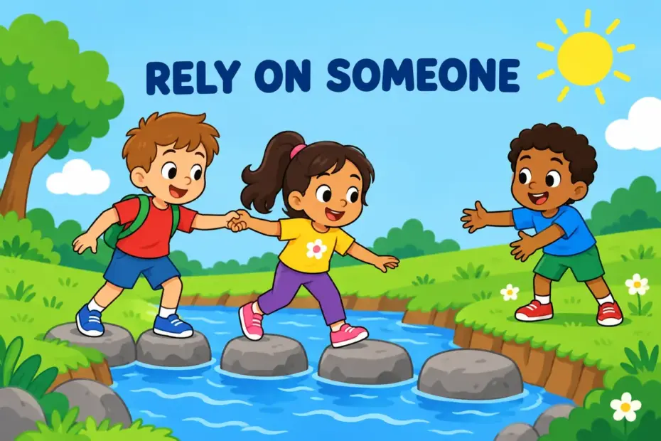 Cartoon children link arms to cross a stepping path, showing count on in a sentence as relying on a friend for support.
