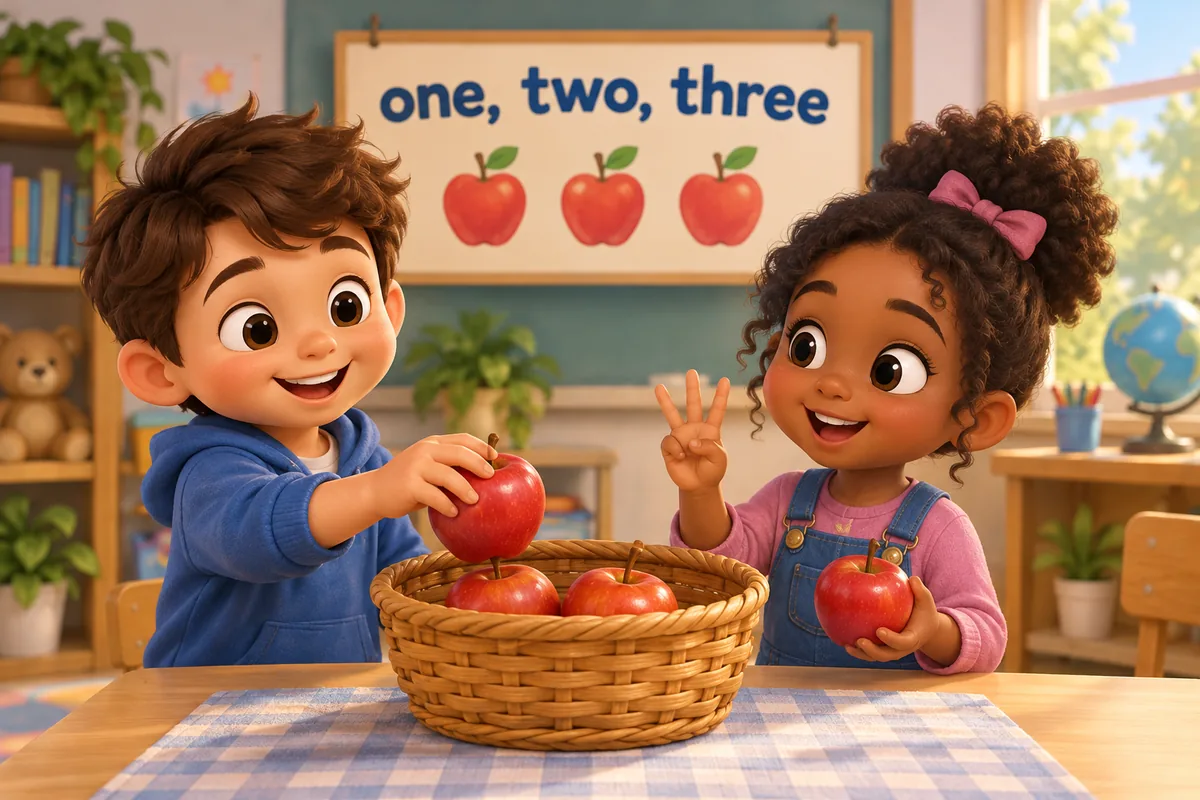 Cartoon children count apples into a basket to show countable nouns in English.