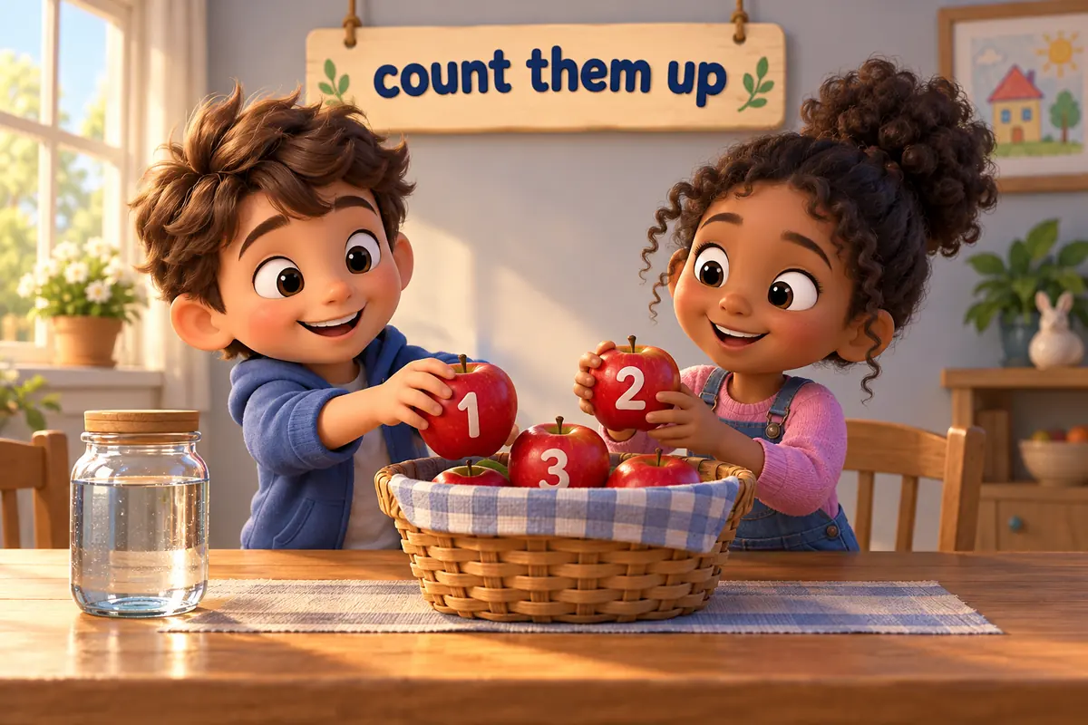 Cartoon children count one, two and three apples into a basket while a jar of water stays uncounted.
