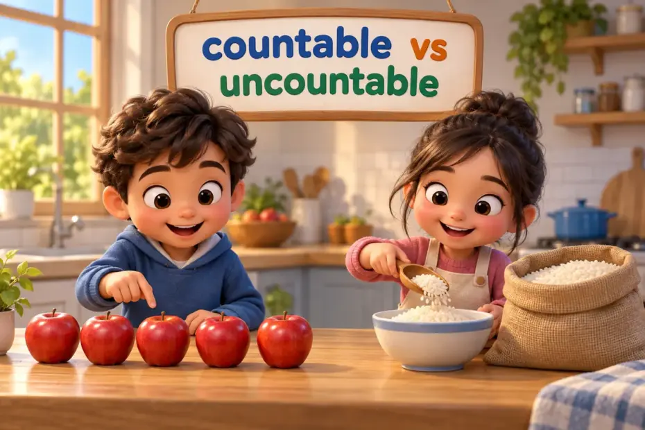 Cartoon children show countable vs uncountable nouns by counting apples beside scooping a bowl of rice.