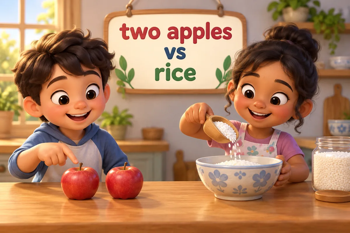 Two cartoon children count apples on one side and scoop rice into a bowl on the other.