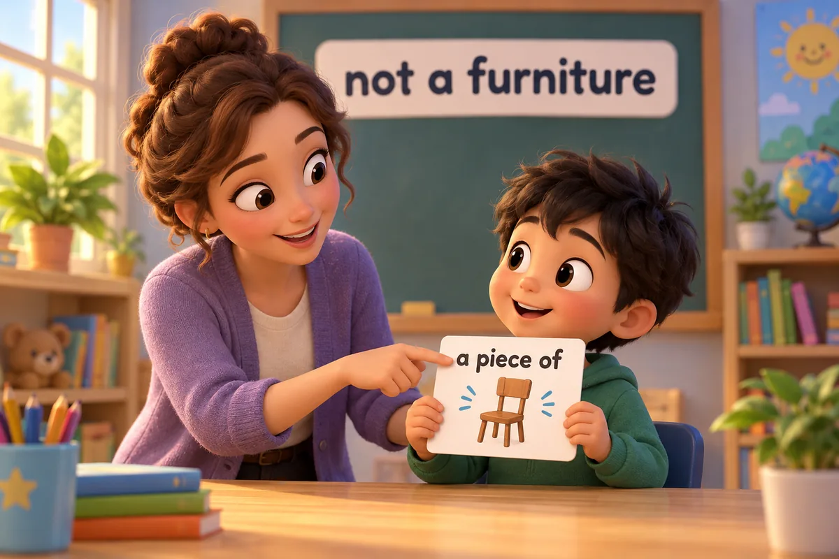 A cartoon teacher corrects a card that wrongly says a furniture, adding the words a piece of.