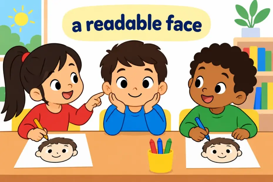 Cartoon children study a friend’s calm face at a desk, showing countenance in a sentence as a readable expression.