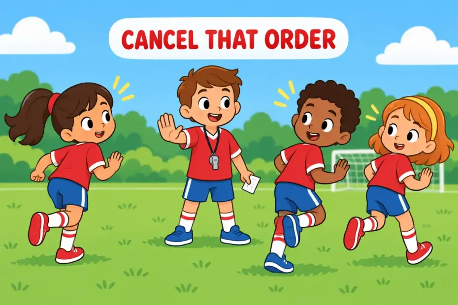 Cartoon team captain raises a hand to stop players mid-run, showing what countermand means in a sentence.